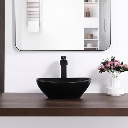Oval Vessel Sink 16" x 13" Countertop Bathroom Sinks Modern Egg Shape Above Counter Matte Black Ceramic Small Sink Vessel Sinks for Bathrooms