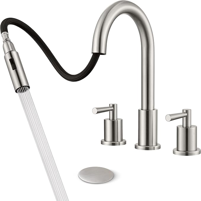 Bathroom Faucet 3 Holes - Brushed Nickel Bathroom Faucet with Sprayer - Widespread Sink Faucets 2 Handles - Pull Down Vanity Faucets with Pop Up Drain and Supply Lines