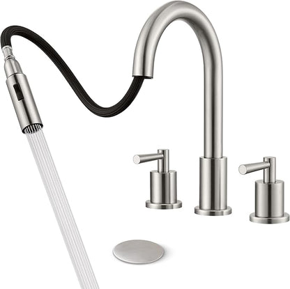 Bathroom Faucet 3 Holes - Brushed Nickel Bathroom Faucet with Sprayer - Widespread Sink Faucets 2 Handles - Pull Down Vanity Faucets with Pop Up Drain and Supply Lines