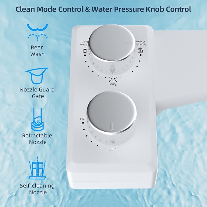 Hibbent Bidet Attachment for Toilet, Non-Electric Dual Nozzle for Frontal & Rear Wash, with 10 Pieces Toilet Seat Bumpers