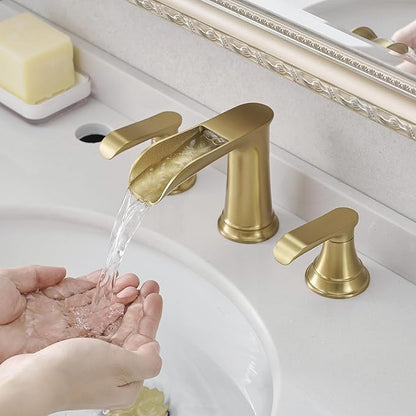 3-Hole 8-Inch Widespread Bathroom Faucet with Pop-Up Drain & Double Lever Handle - Brushed Gold Brass
