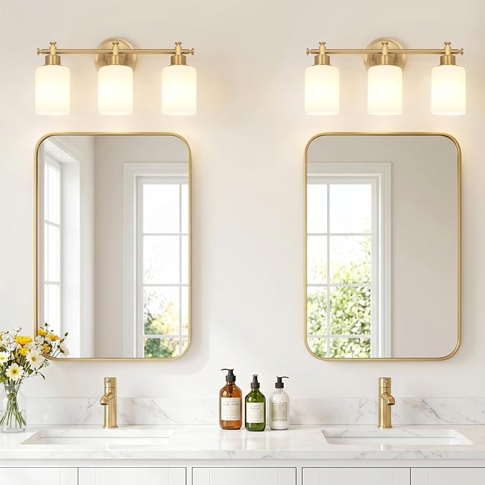 3 Light Brushed Gold Bathroom Vanity Light Fixture Over Mirror, 17.5 Inch | Modern Gold Vanity Light Fixtures with White Glass Shade, Wall Sconce for Bathroom, Bedroom, Hallway, Living Room, E26 Socket