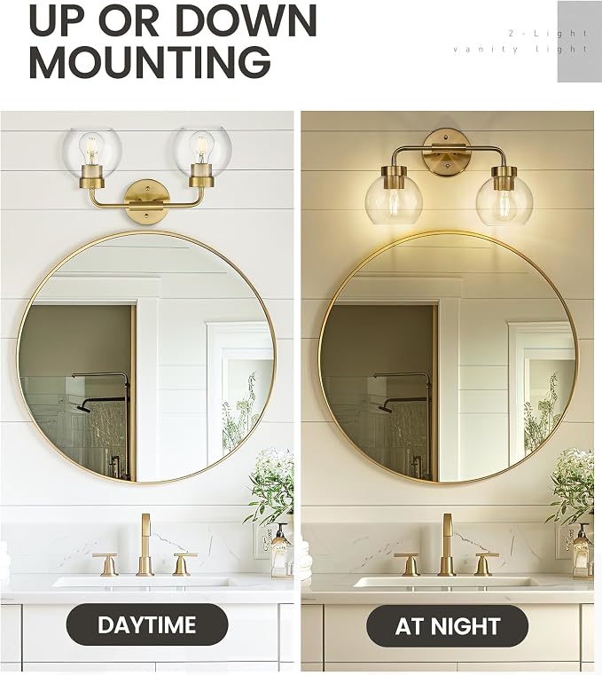 zeyu 16 Inch Wall Sconce Lighting for Bathroom, Gold Bathroom Vanity Light, 2-Light Vanity Lights with Clear Glass Globe Glass, Brushed Gold Finish, ZS62BG-2W BG