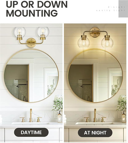 zeyu 16 Inch Wall Sconce Lighting for Bathroom, Gold Bathroom Vanity Light, 2-Light Vanity Lights with Clear Glass Globe Glass, Brushed Gold Finish, ZS62BG-2W BG