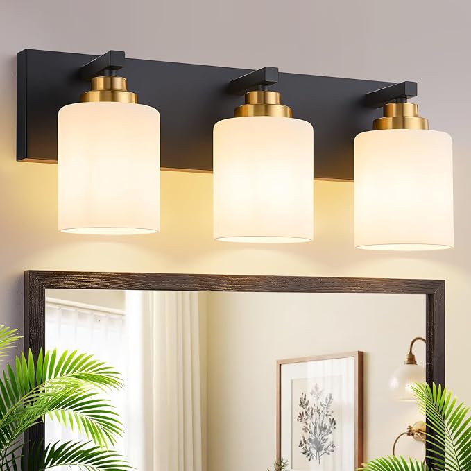 Vanity Lights for Bathroom, 3-Light Black and Gold Bathroom Vanity Light Over Mirror with Milky White Glass Shades, Modern Bathroom Light Fixtures for Living Room Hallway Cabinet (Bulbs Not Included)