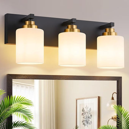 Vanity Lights for Bathroom, 3-Light Black and Gold Bathroom Vanity Light Over Mirror with Milky White Glass Shades, Modern Bathroom Light Fixtures for Living Room Hallway Cabinet (Bulbs Not Included)