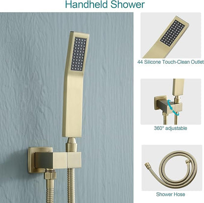 Gold Shower Faucet - Lordear 10 Inch Rain Shower System Wall Mounted Shower Head Faucet Set Stainless Steel Showerhead with Handheld Combo and Solid Brass Valve, Brushed Gold Finish