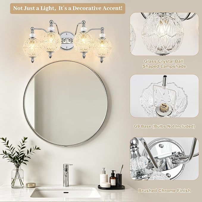 Brushed Chrome Bathroom Vanity Light, 4-Light Mid Century Modern Brushed Chrome Finish Wall Sconce with Globe Glass Shades, Retro Mirror Light for Bathroom, Powder Room