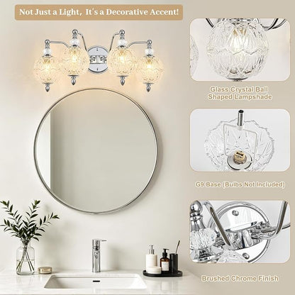 Brushed Chrome Bathroom Vanity Light, 4-Light Mid Century Modern Brushed Chrome Finish Wall Sconce with Globe Glass Shades, Retro Mirror Light for Bathroom, Powder Room