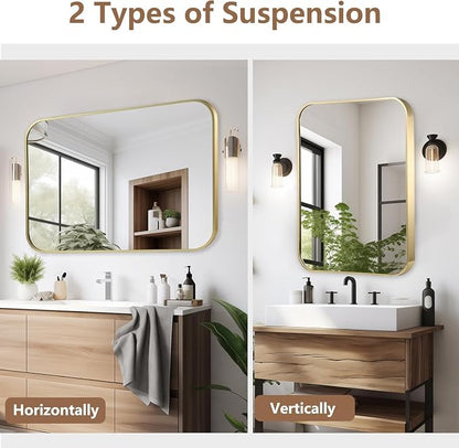 48x30 Inch Gold Bathroom Mirror, Brushed Brass Gold Metal Framed Rectangular Mirror with Rounded Corner, Bathroom Vanity Mirror for Bedroom or Living Room, Horizontal/Vertical