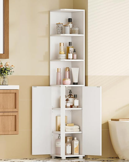 Corner Cabinet, Tall Bathroom Corner Cabinet with Doors, Narrow Storage Cabinets with Adjustable Shelves, Bathroom Organizers and Storage for Small Space, White BC31003X