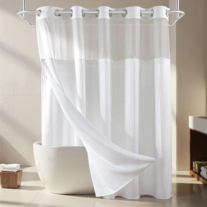 River Dream White Cotton Blend Fabric Shower Curtain Set with Liner, 71x74 | Waffle Weave, No Hook Needed, with Snap in Replacement Liner, Top Sheer Window, Hotel Quality Fabric for Bathroom
