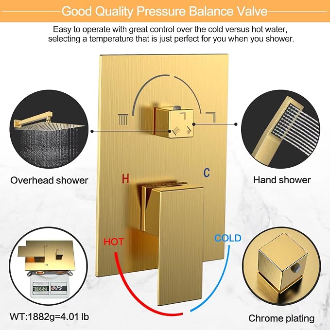 Brushed Gold Shower System Rain Faucet Set with Tub Spout, 12 inch | All-Metal Wall Mounted Bathroom Shower Faucet Set with Safe Pressure Balance Valve, Water Saving High Pressure Rainfall Head