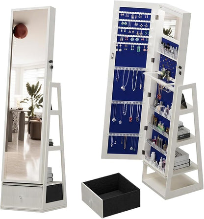 Jewelry Armoire with Full Length Mirror - 360° Swivel Standing Floor Mirror Jewelry Cabinet, Lockable Storage Organizer, 3 Shelves & Drawers,Tall Mirror with Storage for Women (White)