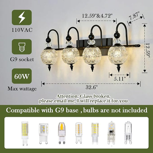 Vintage Bathroom Light Fixtures Black Vanity Light with Glass Globe LampShade 4 Lights Mid Century G9 Bulb Wall Sconce Indoor Vanity Light Over Mirror for Kitchen Bedroom Farmhouse