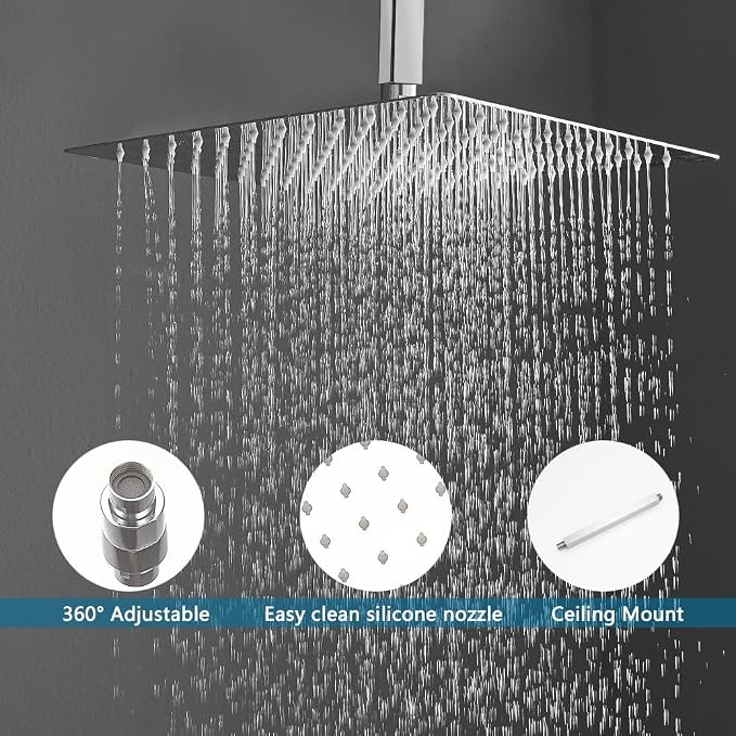 16 Inch Ceiling Mount Polished Chrome Shower System Bathroom Luxury Rain Mixer Shower Combo Set Ceiling Rainfall Shower Head System (Contain Shower Faucet Rough-in Valve Body and Trim Kit)