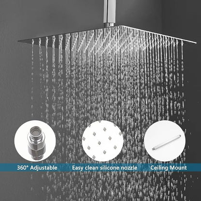 16 Inch Ceiling Mount Polished Chrome Shower System Bathroom Luxury Rain Mixer Shower Combo Set Ceiling Rainfall Shower Head System (Contain Shower Faucet Rough-in Valve Body and Trim Kit)