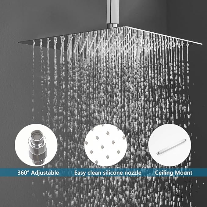 12 Inch Ceiling Mount ‎Polished Chrome Shower System Bathroom Luxury Rain Mixer Shower Combo Set Ceiling Rainfall Shower Head System (Contain Shower Faucet Rough-in Valve Body and Trim Kit)