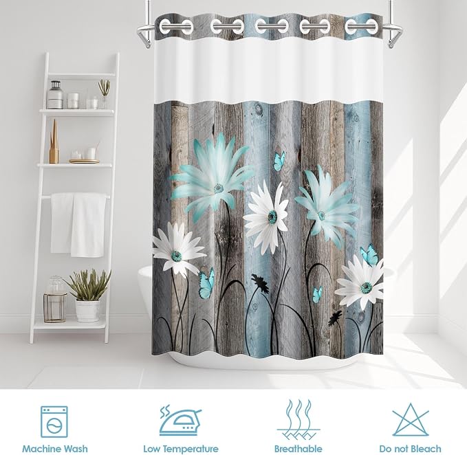 No Hook Shower Curtain with Snap in Liner 71x74 Inch Teal Daisy | Butterfly Farmhouse Rustic Modern Double Layers Waterproof Fabric with See Through Top Window Open Grommet Bath Curtain