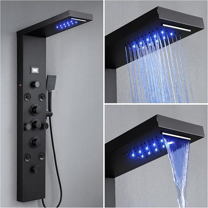 POPFLY 6 In 1 LED Shower Panel Tower System, 8 Body Massage Jets, Stainless Steel Wall Mount Rainfall ＆ Waterfall Shower Column Towers with Temperature Display, Tub Spout, Matt Black