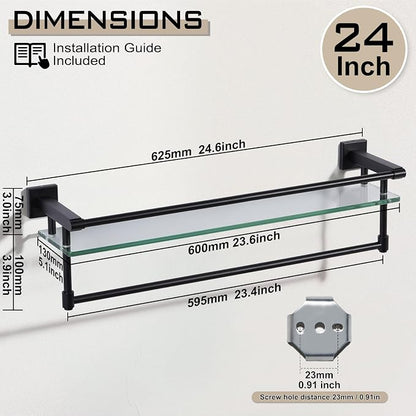 Glass Shelves for Bathroom with Towel Bar/Rack 24" Tempered Glass Shelves with Stainless Steel Towel Holder for Wall Shelf Sink Over Toilet (Matte Black)