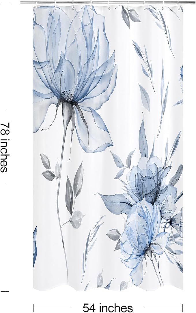 Litabel Blue and Grey Boho Watercolor Floral Shower Curtain, Ink Painting Style Blossom & Leaf Shower Curtains for Chic Elegant Bathroom, Artistic Fabric Cloth Flower Shower Curtain, 54 x 78