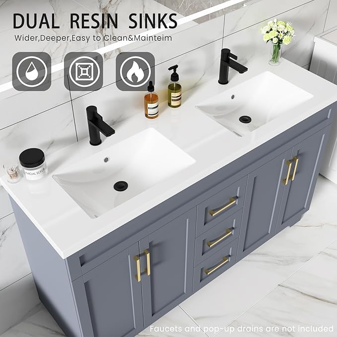 60 Inch Bathroom Vanity with Sink,Modern Solid Wood Bathroom Storage Vanity w/Undermount Double Sink, Quick Assemble Cabinet w/Soft Closing Doors & Full Extension Drawers,Grey