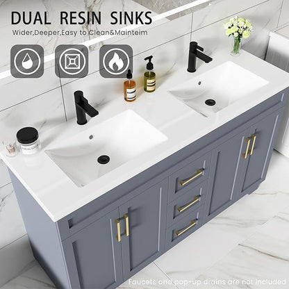 60 Inch Bathroom Vanity with Sink,Modern Solid Wood Bathroom Storage Vanity w/Undermount Double Sink, Quick Assemble Cabinet w/Soft Closing Doors & Full Extension Drawers,Grey