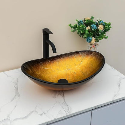 Sarlai Boat Shape Bathroom Vessel Sink with Black Faucet and Pop-up Drain Set 21x14 Inch Modern Artistic Tempered Glass Basin Countertop Bowl Sink for Lavatory Vanity Cabinet