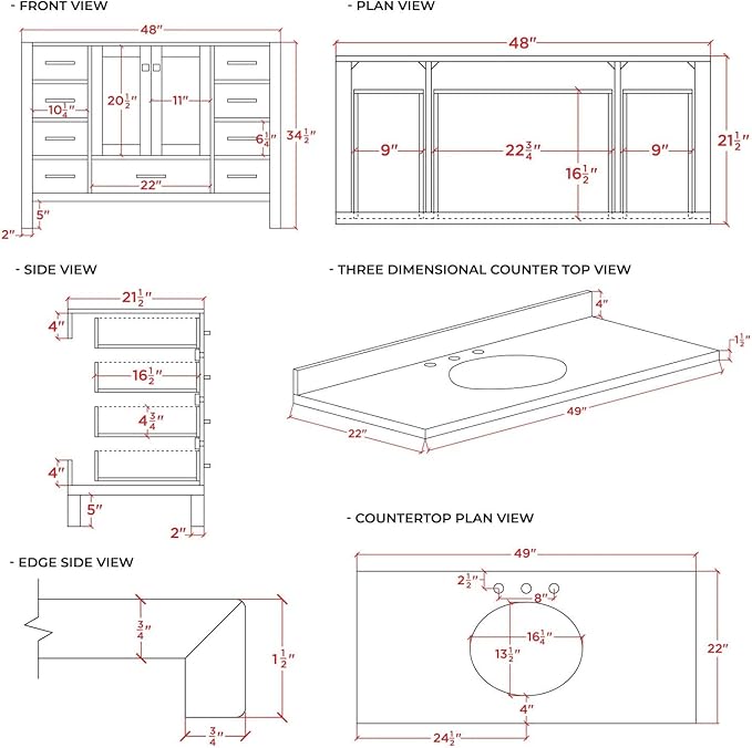 ARIEL Cambridge 48-inch Bathroom Vanity with Sink,Solid Wood, 1.5-inch Italian Carrara Marble Countertop & Backsplash, Single Oval Porcelain Sink, 2 Soft Closing Doors, 9 Dovetail Drawers, Grey
