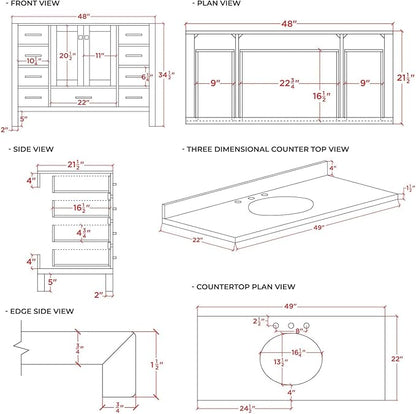 ARIEL Cambridge 48-inch Bathroom Vanity with Sink,Solid Wood, 1.5-inch Italian Carrara Marble Countertop & Backsplash, Single Oval Porcelain Sink, 2 Soft Closing Doors, 9 Dovetail Drawers, Grey