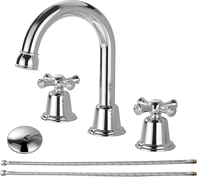RKF Bathroom Faucets for Sink 3 Hole Chrome Polished 8 inch Widespread Bathroom Sink Faucet with Drain 2 Handles Cross Knobs Faucet Bathroom Vanity Faucet Basin Mixer Tap CWF039-CP