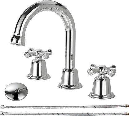 RKF Bathroom Faucets for Sink 3 Hole Chrome Polished 8 inch Widespread Bathroom Sink Faucet with Drain 2 Handles Cross Knobs Faucet Bathroom Vanity Faucet Basin Mixer Tap CWF039-CP