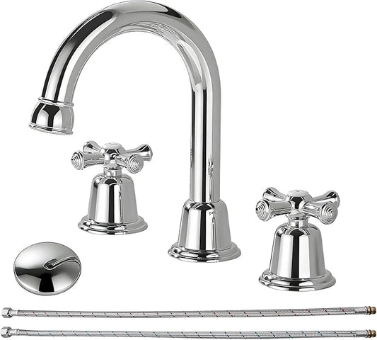 RKF Bathroom Faucets for Sink 3 Hole Chrome Polished 8 inch Widespread Bathroom Sink Faucet with Drain 2 Handles Cross Knobs Faucet Bathroom Vanity Faucet Basin Mixer Tap CWF039-CP