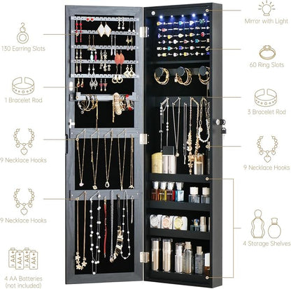 Full Length Mirror Jewelry Cabinet Organizer Lockable Door Wall-Mounted Jewelry Armoire with Shelves and Behind the Door Storage Black