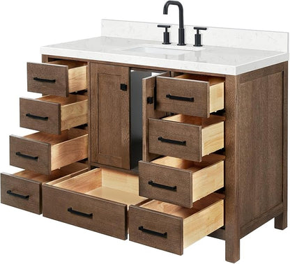 DKB Beckford 48-Inch Brown Oak Single Bathroom Vanity with Sink, 1.5-Inch Edge Carrara White Quartz Countertop & 4" Backsplash, Soft-Closing Doors & Drawers, Solid Oak Wood Construction