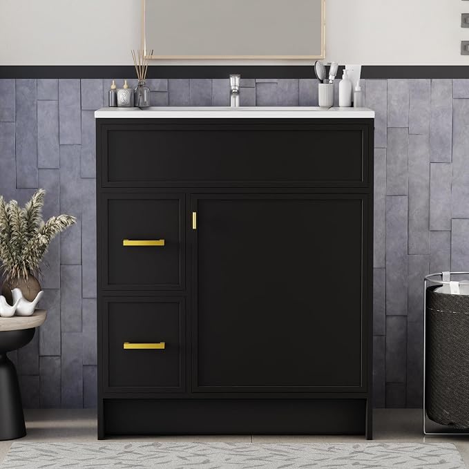 30 Inch Freestanding Bathroom Vanity with Sink, Shaker Style Black Cabinet with 2 Drawers & Single Door, Waterproof Lacquer Finish, Space-Saving for Small Bathroom & Apartment