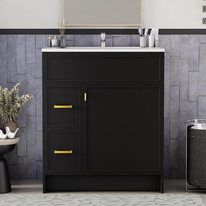 30 Inch Freestanding Bathroom Vanity with Sink, Shaker Style Black Cabinet with 2 Drawers & Single Door, Waterproof Lacquer Finish, Space-Saving for Small Bathroom & Apartment