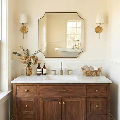 30"x30" Gold Vanity Mirror, Square Bathroom Mirror, Antique Brushed Brass Scalloped Mirror in Rust-Proof Stainless Steel Frame, Unique Scalloped Corner Design Ideal for Bathroom Remodel