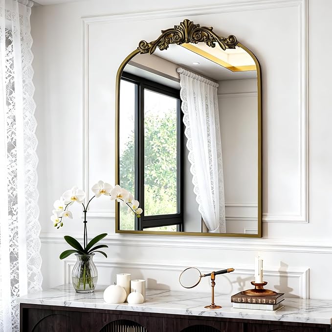 Dewfig Vintage Arched Wall Mirror, 30"x22" Bronze Antique Bathroom Mirror | Ornate Baroque Metal Frame Brass Mirror, Victorian Antique Bronze Mirrors for Living Room, Bathroom, Fireplace, Wall Decor