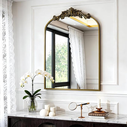 Dewfig Vintage Arched Wall Mirror, 30"x22" Bronze Antique Bathroom Mirror | Ornate Baroque Metal Frame Brass Mirror, Victorian Antique Bronze Mirrors for Living Room, Bathroom, Fireplace, Wall Decor