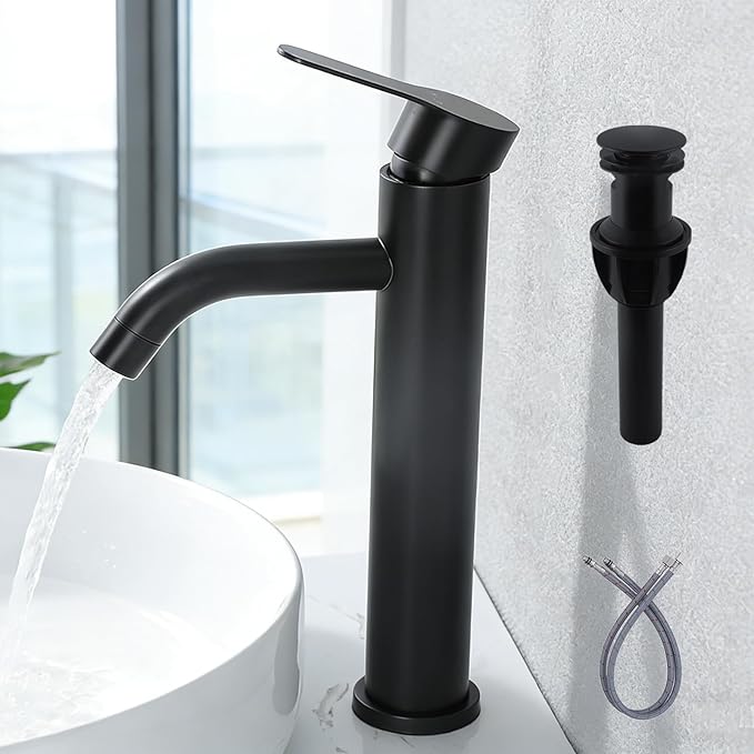 Vessel Sink Faucet Black, Single Handle Single Hole Rv Bathroom Faucet, Tall Lavatory Vanity Sink Faucets with Pop Up Drain and Two 3/8" Hoses