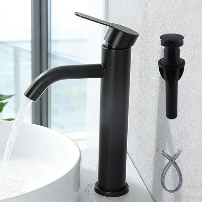 Vessel Sink Faucet Black, Single Handle Single Hole Rv Bathroom Faucet, Tall Lavatory Vanity Sink Faucets with Pop Up Drain and Two 3/8" Hoses