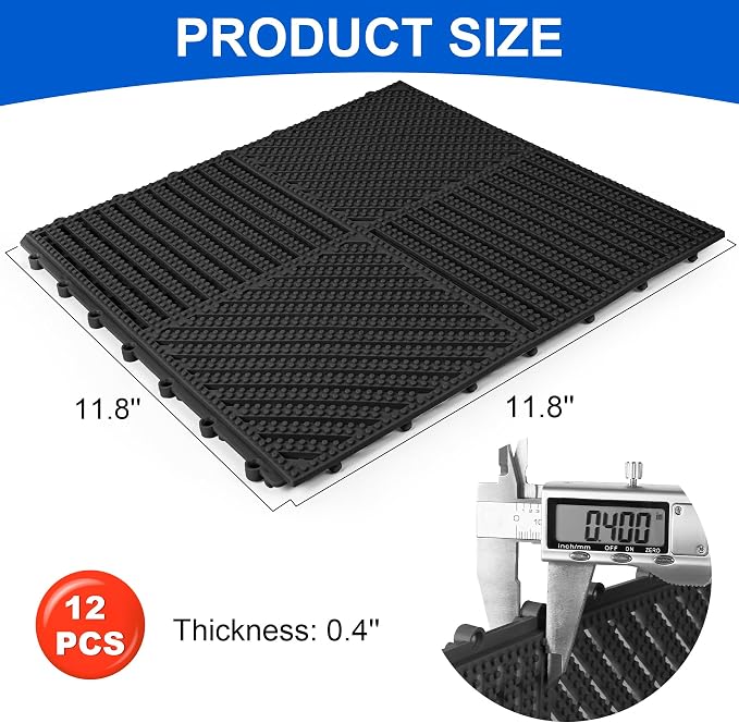 Modular Interlocking Cushion 12 Pack 11.8" x 11.8" Rubber Floor Tiles Non-Slip Splicing Drainage Mats for Deck, Pool, Shower, Patio, Balcony, Bathroom, Kitchen, Yard (2 Rows Dots, Black)
