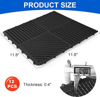 Modular Interlocking Cushion 12 Pack 11.8" x 11.8" Rubber Floor Tiles Non-Slip Splicing Drainage Mats for Deck, Pool, Shower, Patio, Balcony, Bathroom, Kitchen, Yard (2 Rows Dots, Black)