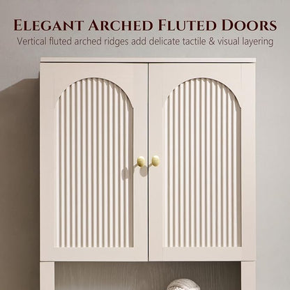 72" Over The Toilet Storage Cabinet, Modern Over Toilet Bathroom Organizer Shelf with Fluted Arched Doors, Wooden Free Standing Bathroom Storage Cabinet with Adjustable Shelf, Space Saver, Cream