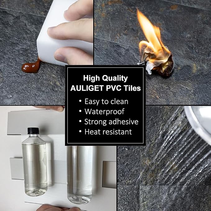 AULIGET 6" x 12" Peel and Stick Backsplash Wall Tiles, PVC Faux Stone Stick on Tiles for Backsplash Kitchen, Bathroom (2, Rust Slate)