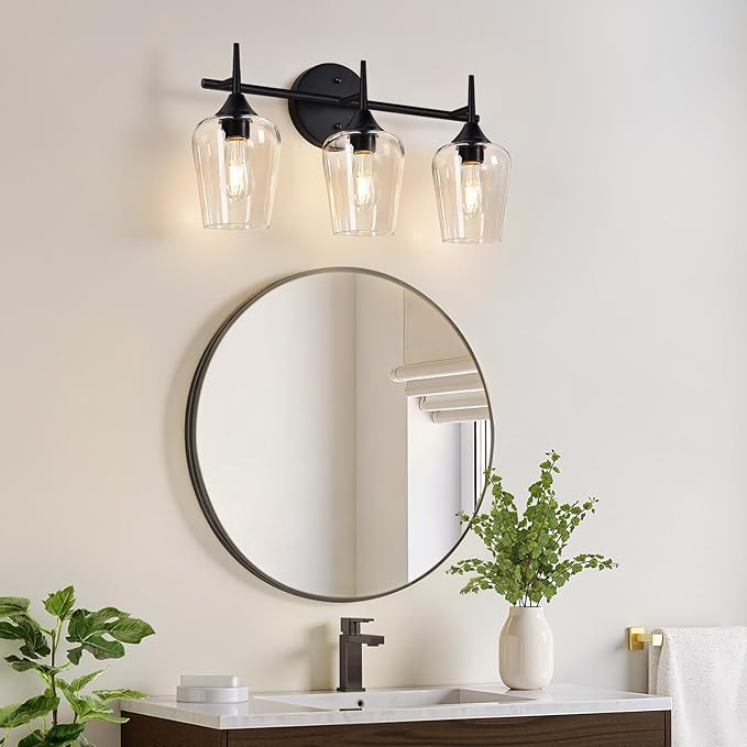 3-Light Bathroom Light Fixtures, Black Vanity Lights for Bathroom with Clear Glass, 19.5 Inch Bathroom Lighting Fixtures Over Mirror, Modern Wall lamp for Cabinet Hallway
