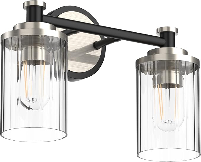 Bathroom Lighting Fixtures Black and Brushed Nickel Bathroom Vanity Light with Cylindrical Clear Stripes Glass Lampshade E26 Socket Base Bathroom Lighting Fixtures Over Mirror (2 Lights)