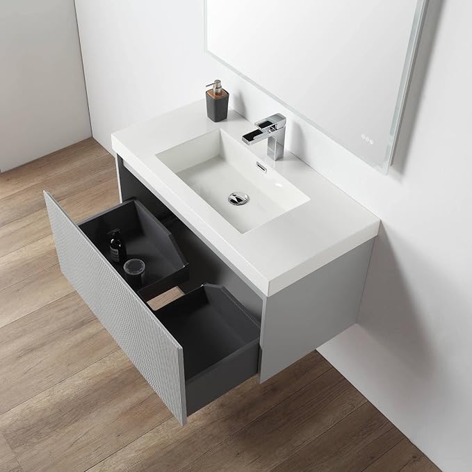 Blossom 36 Inch Bathroom Vanity with Sink | All Wood Wall Mounted Floating Bathroom Vanity Cabinet with Acrylic Sink | Soft-Close Drawer | Modern Minimalist Style Vanities (36 Inch, Light Grey)